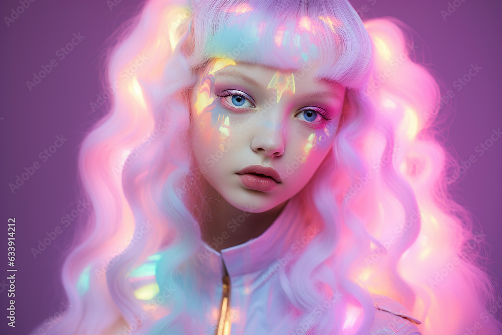 High Fashion model with shiny hair under neon flickering lights High Fashion model with shiny hair under neon flickering lights