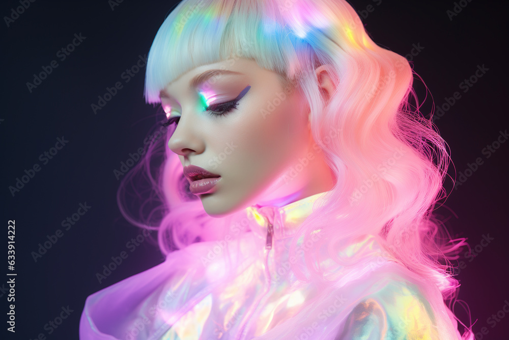 High Fashion model with shiny hair under neon flickering lights