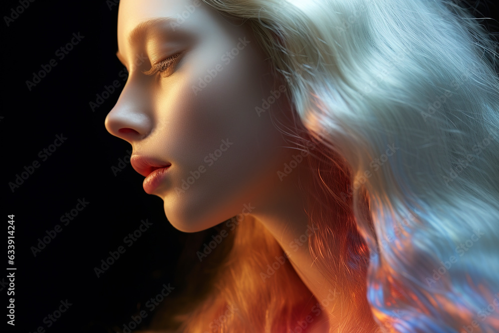High Fashion model with shiny hair under neon flickering lights High Fashion model with shiny hair under neon flickering lights