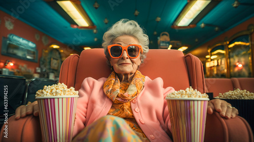 adorable senior lady in the cinema, generative ai