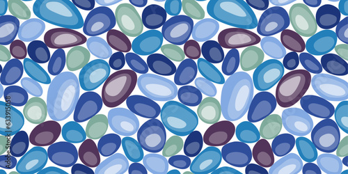 Blue pebbles. Seamless pattern of rounded pebbles. Pattern for textiles, pillows, clothes, background, packaging, notepads. Pattern of puppy dog, gravel, smooth stone.