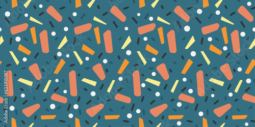 Pattern reminiscent of confetti. Multicolored orange and yellow shapes scattered randomly across the surface. Pattern for textiles, pillows, clothes, background, packaging, notepads. Stylish pattern.