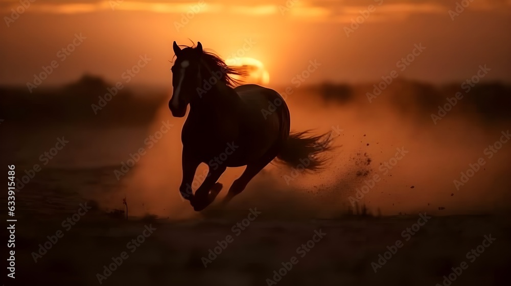 Silhouette of brown wild horse running in the desert, evening sunset golden hour, nature blur background. Generative AI technology.