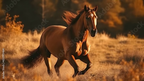 Brown wild horse running in the meadow, nature blur background. Generative AI technology.