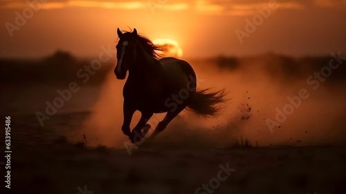 Silhouette of brown wild horse running in the desert  evening sunset golden hour  nature blur background. Generative AI technology.