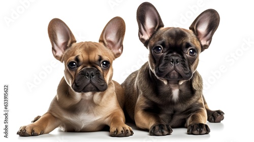 Two cute brown little puppies French bulldog sit and looking at the camera, studio shot isolated on white background. Generative AI technology.