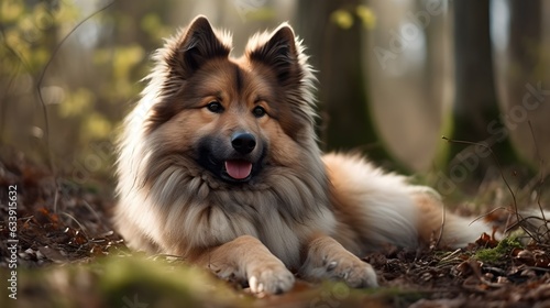 Beautiful long fur brown Icelandic Sheepdog sitting and relax on the forest ground, nature background. Generative AI technology. © Riocool