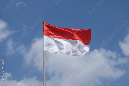 The Indonesian flag flutters on a bamboo pole