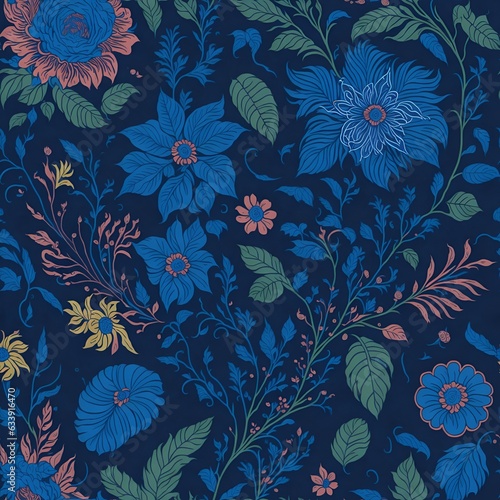 Blue background with colorful flowers and leaves. AI-Generated 