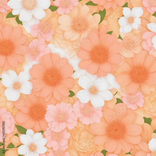 a close up of a pink and orange flowers patterns background with white flowers. AI-Generated.