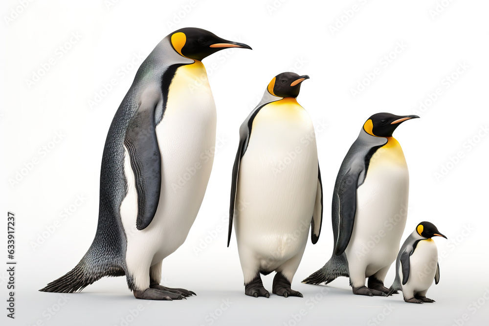 Fototapeta premium Image of family group of Emperor Penguins on white background. Wildlife Animals. Illustration, Generative AI.