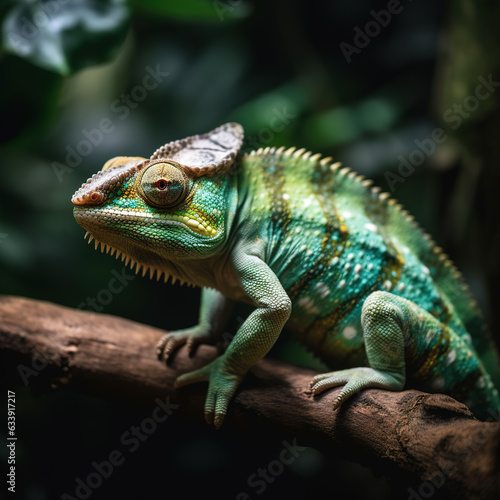 Image of green chameleon on branch in forest. Reptile. Illustration, Generative AI.