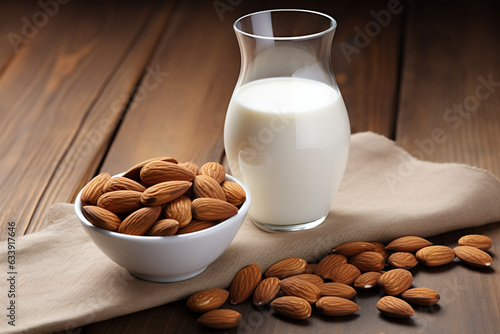 almond milk with almond nut. proper nutrition. breakfast. food. Ingredients. alternative lactose free milk