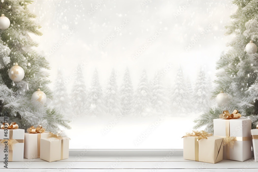 Christmas tree and gift boxes decorations on wood table with lights bokeh blurred snow winter landscape background, AI generate