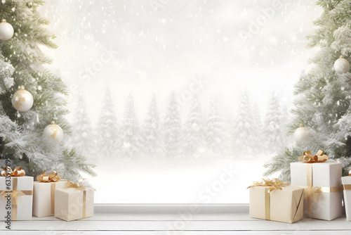 Wallpaper Mural Christmas tree and gift boxes decorations on wood table with lights bokeh blurred snow winter landscape background, AI generate Torontodigital.ca
