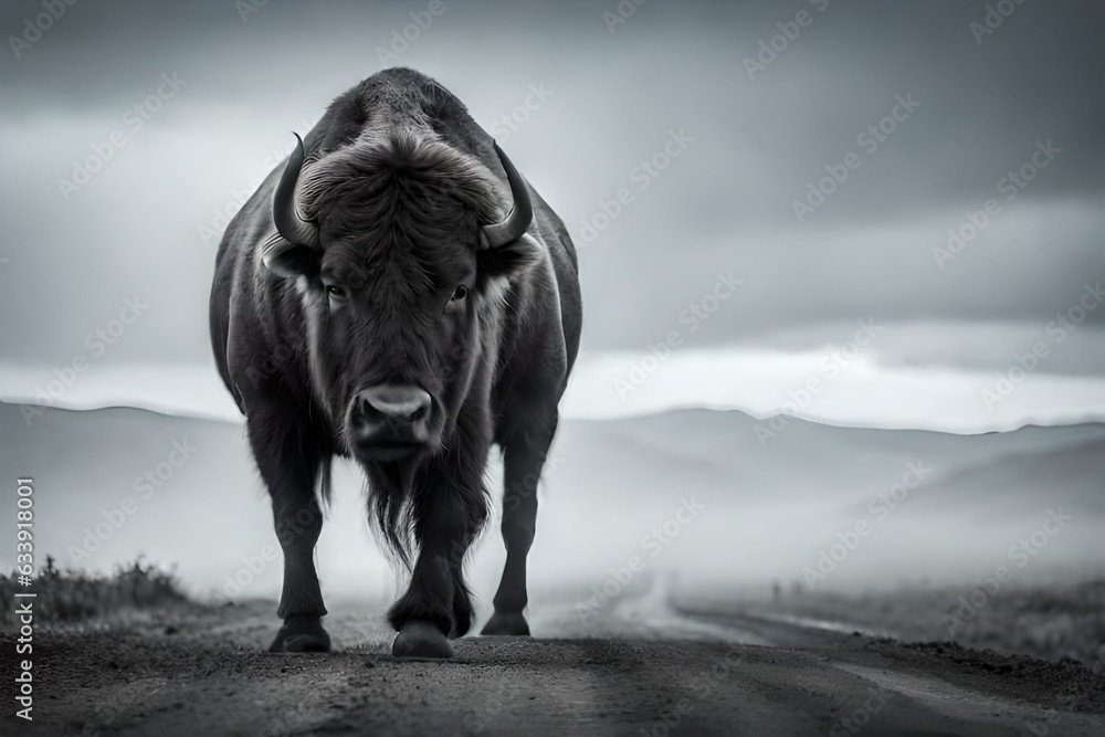 Fototapeta premium A wild Bison in snow generated by AI tool