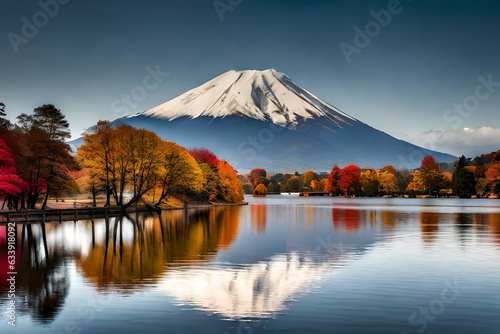 mountain with beautiful lake in autumn season generated by AI tool