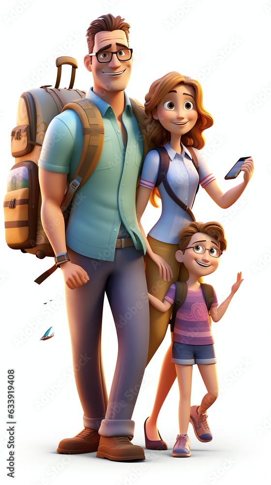 Obraz premium Happy Family with Baby People Standing Holding Hands isolated on white background 3D rendering illustration. Mother Father Daughter Son go to travel.