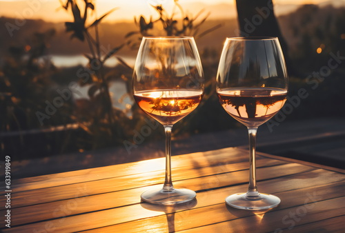 two white wine glasses on wooden table in afternoon sunset in beautiful garden 