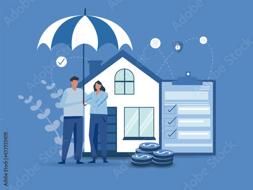 House property insurance, couple stay under umbrella with home. Vector insurance and care family, house safety under umbrella illustration