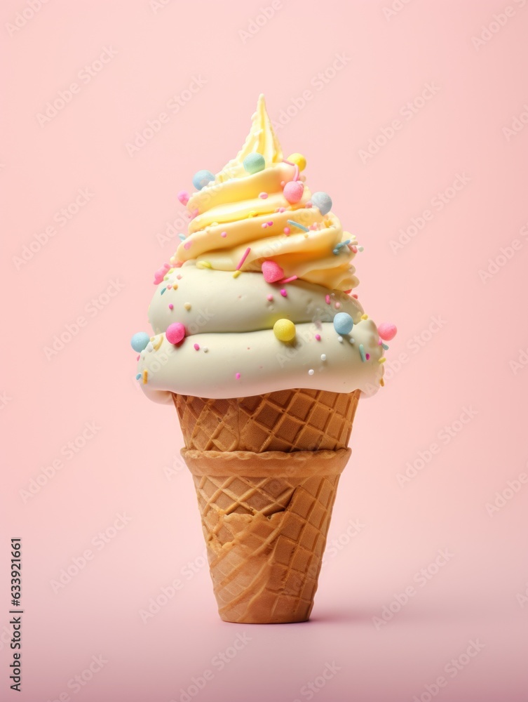 Birthday cake-shaped ice cream in a waffle cone set against a pink background. A delightful treat that merges a traditional birthday symbol with a favorite dessert Birthday cake-shaped ice cream in a waffle cone set against a pink background. A delightful treat that merges a traditional birthday symbol with a favorite dessert