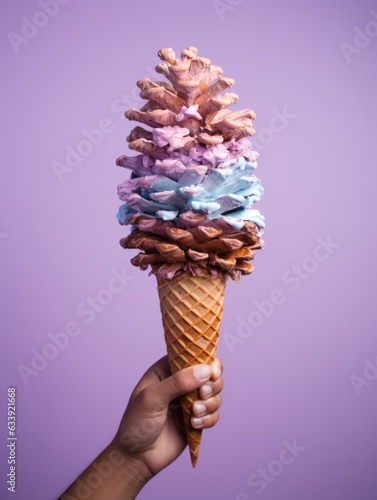 A hand holds an ice cream cone designed like a pine cone against a vivid purple background, representing a delightful blend of nature and dessert