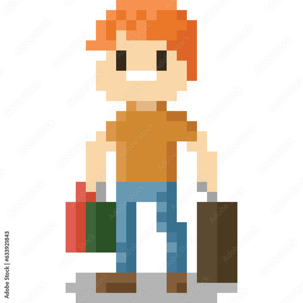 Obraz premium Pixel art man character with shopping bag