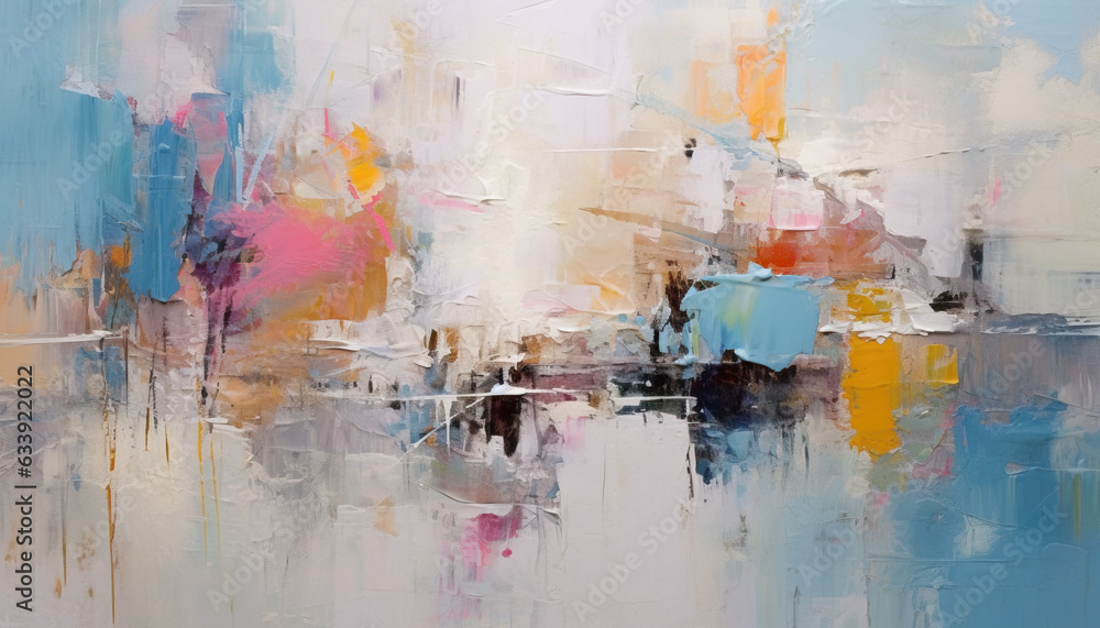 abstract oil painting with light pastel colors, oil on canvas  white, marine blue and amber orange, wallpaper, background, use of palette knives, realistic hyper-detail, expressive brush strokes