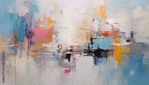 abstract oil painting with light pastel colors, oil on canvas white, marine blue and amber orange, wallpaper, background, use of palette knives, realistic hyper-detail, expressive brush strokes