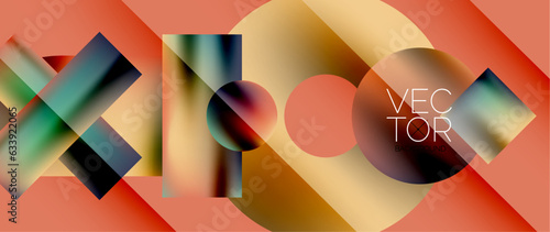 Squares and circles design. Fluid color gradients with metallic effects. Serene synergy of shapes, merging squares and circles into harmonious, captivating design