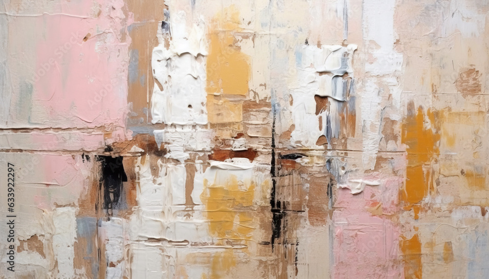 Naklejka premium abstract oil painting with light pastel colors, oil on canvas white, marine blue and amber orange, wallpaper, background, use of palette knives, realistic hyper-detail, expressive brush strokes