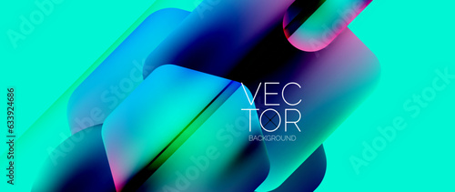 Dynamic bright colorful geometric elements with fluid gradients, lights, shadows blend in a minimal backdrop, creating captivating composition