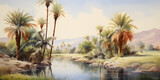Arabic tranquil watercolor painting depicting a serene desert oasis lined with tall palm trees, reflecting on the still water, against a backdrop of distant mountains