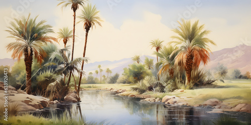 Arabic tranquil watercolor painting depicting a serene desert oasis lined with tall palm trees, reflecting on the still water, against a backdrop of distant mountains © MAJGraphics