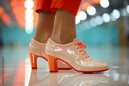 Zoom close up woman in flat shoes walking side view light and bright background indoor hyper realistic images. AI generative