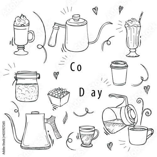 International coffee day design with coffee maker tools in hand drawn design