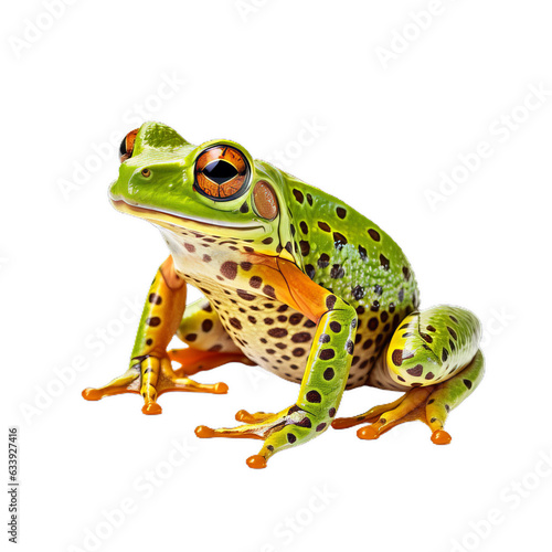 a green, orange and black spotted frog against black