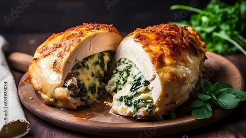 Close up of baked chicken breast stuffed with cheese and spinach on elegant , deClose up of baked chicken breast stuffed with cheese and spinach on elegant wooden plate , decoratedcorated with herbs.  photo