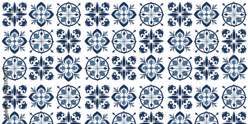seamless pattern with blue white azulejo Portuguese ceramic traditional tiles. Ethnic portugal geomentric indigo repeated wall floor ornament. Arabic ornamental background.