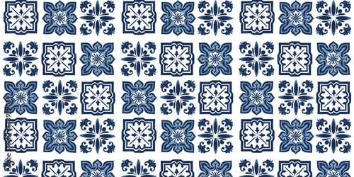 Pattern with azulejo mosaic tiles, blue and white colors, mediterranean, portuguese, spanish and and turkish traditional vintage style. Vector illustration