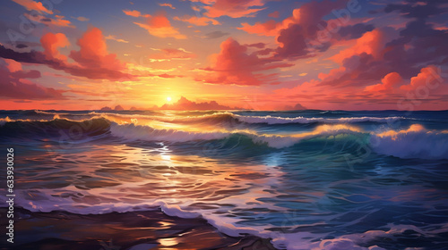 A breathtaking realistic sunset over the ocean, with hues of pink, orange, and gold painting the sky. Waves crash against the shore, creating a symphony of sound that echoes through the air.
