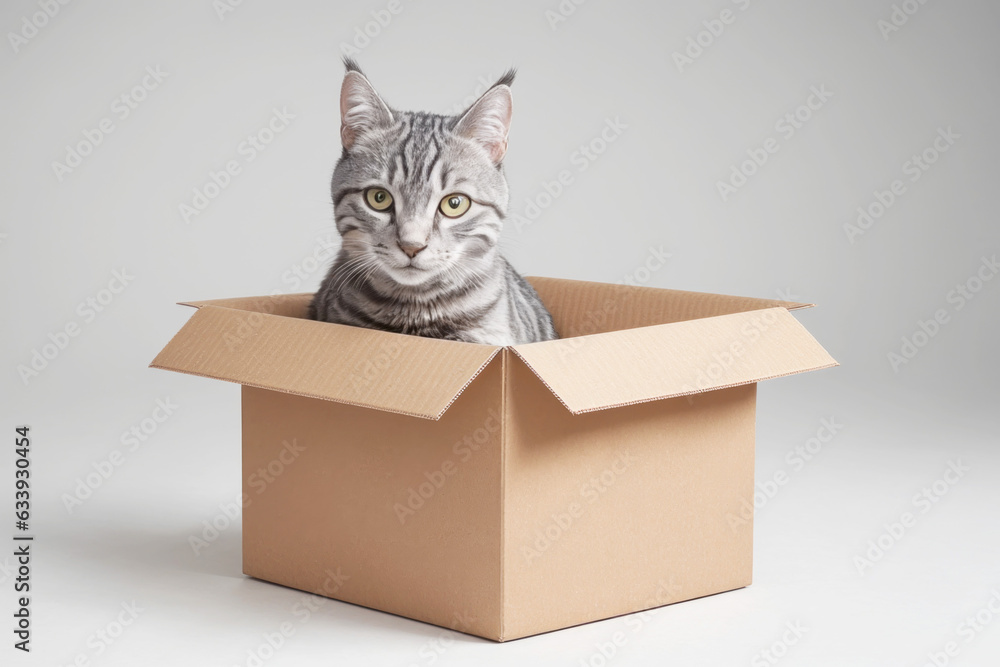 cat sitting in a cardboard box, created with generative ai