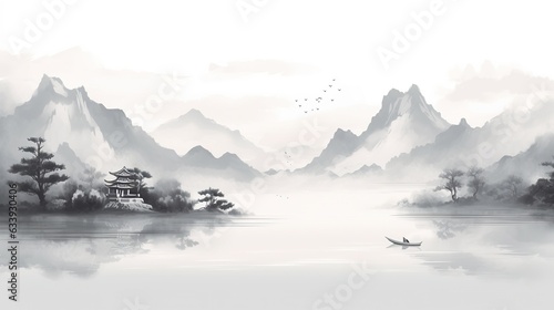 Chinese painting style landscape. Asian traditional culture illustration drawing ratio 16 9 photo