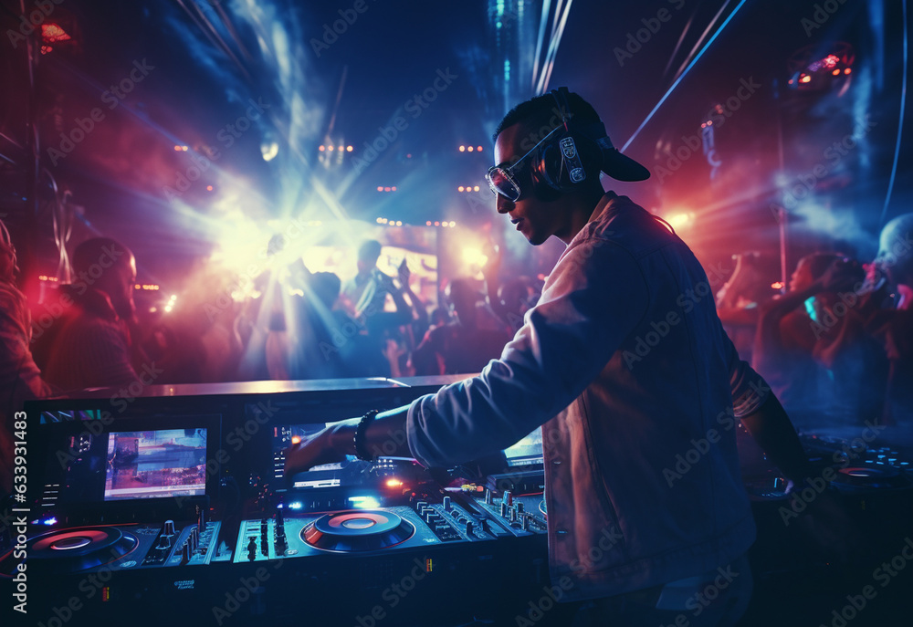 DJ playing and mixing music in nightclub party at night . EDM dance music club with crowd of young people celebrating the energetic youth lifestyle .. Peculiar AI generative image realistic image - obrazy, fototapety, plakaty 
