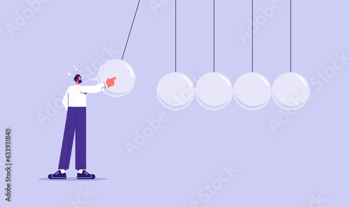 Businessman in front of newton's cradle with a chat bubble, effect of speech or communication, Gossip and fake news