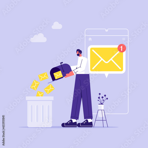Male throws letters into trash can, businessman deletes spam or read mail from mailbox, file manager, deleting unnecessary files, email cleaner