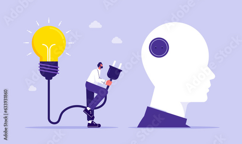 Creativity and idea thinking, brainstorm for solution, innovation to create new idea concept, businessman plugin creative lightbulb into head