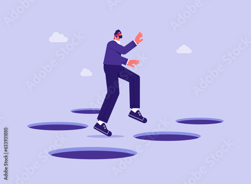 Businessman walking with bandage on eyes among holes or trap, blind and frustrated business direction, mistake or failure, risk and uncertainty concept