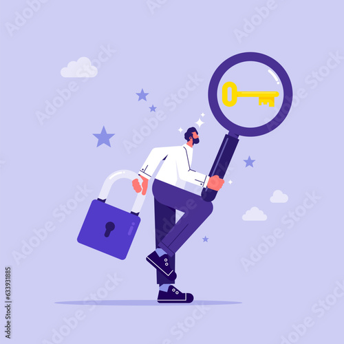Searching idea key for success flat concept, finding exit from complicated situation or search for new creative thoughts