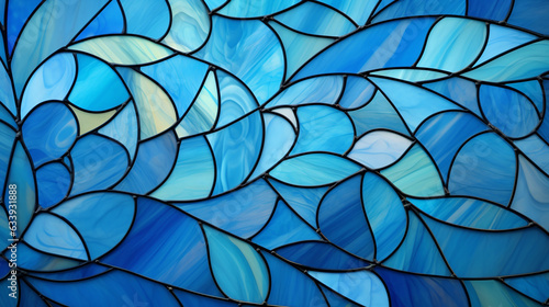 Dark blue stain glass with a random abstract pattern with white light from the background. The light source from one direction gives a gradient to the color of the stained glass.
